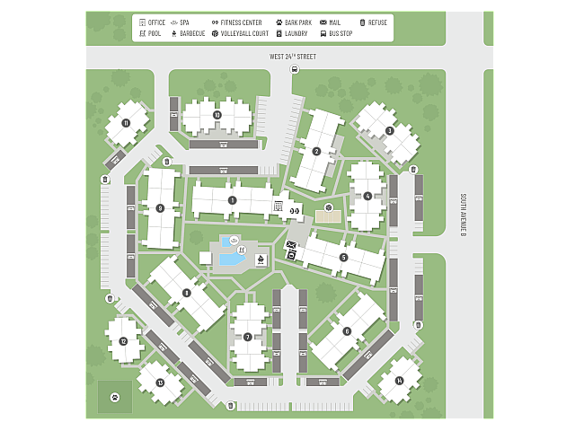 Vibrant residential community map showcasing multiple apartment buildings, a central pool, fitness center, spa, and outdoor recreational areas.