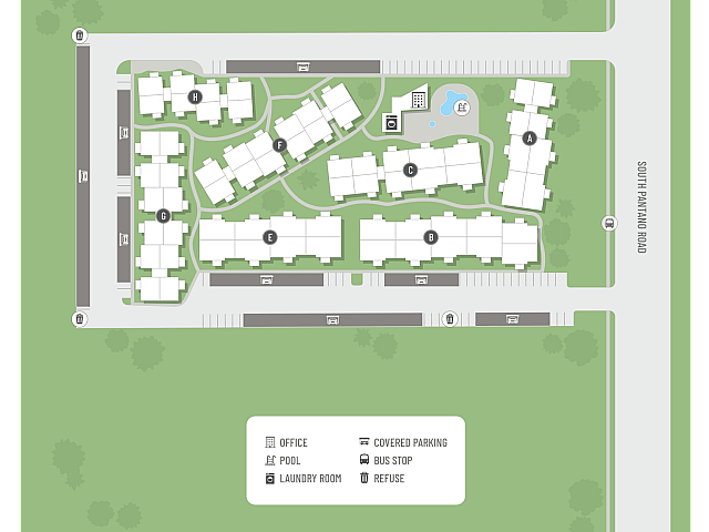 Inviting apartment complex layout showcasing modern buildings, lush greenery, a sparkling pool, and ample parking along South Pantano Road.