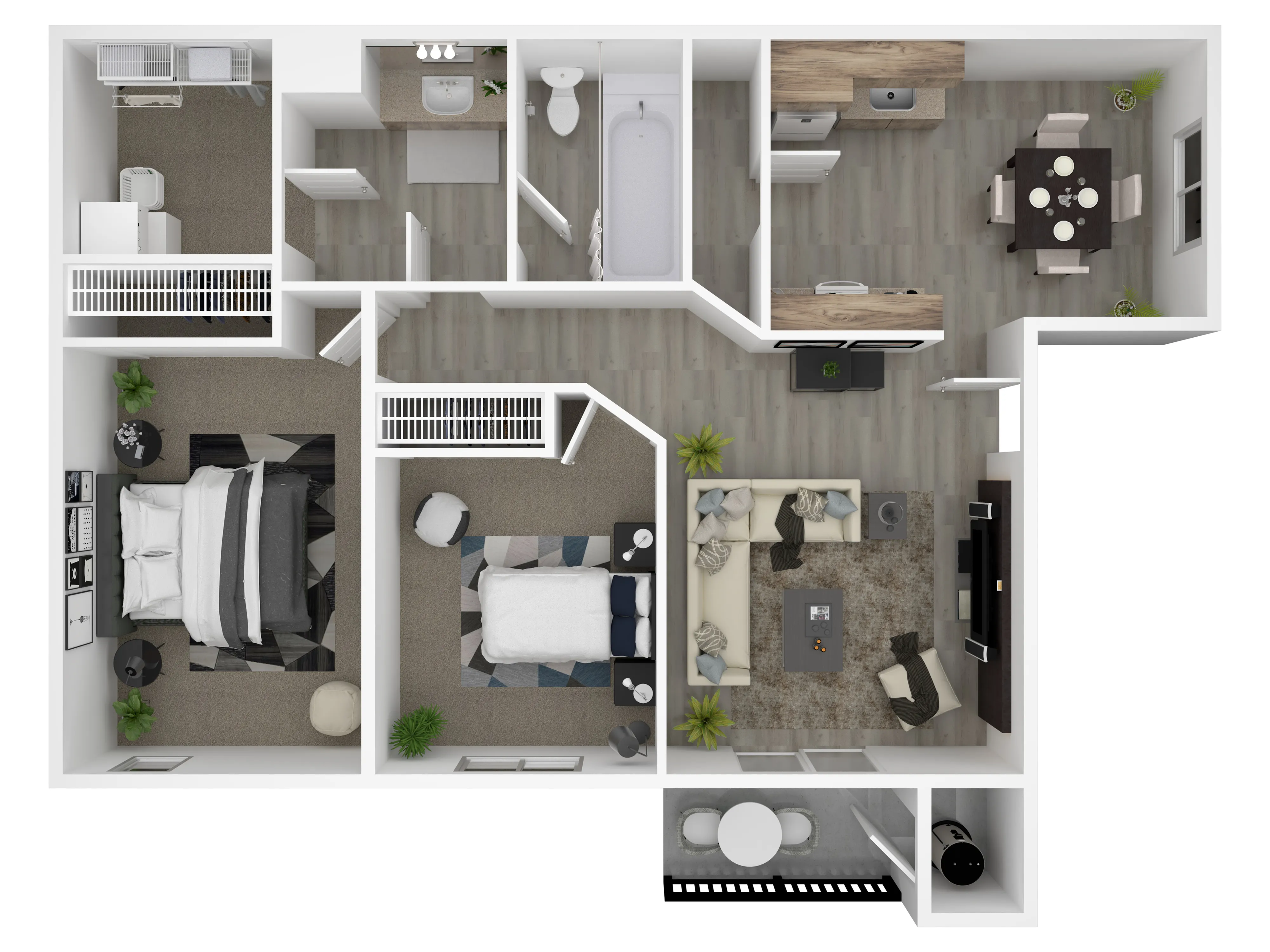 Modern floor plan showcasing a 2-bedroom apartment with a stylish open-concept living area, sleek kitchen, and cozy dining space.