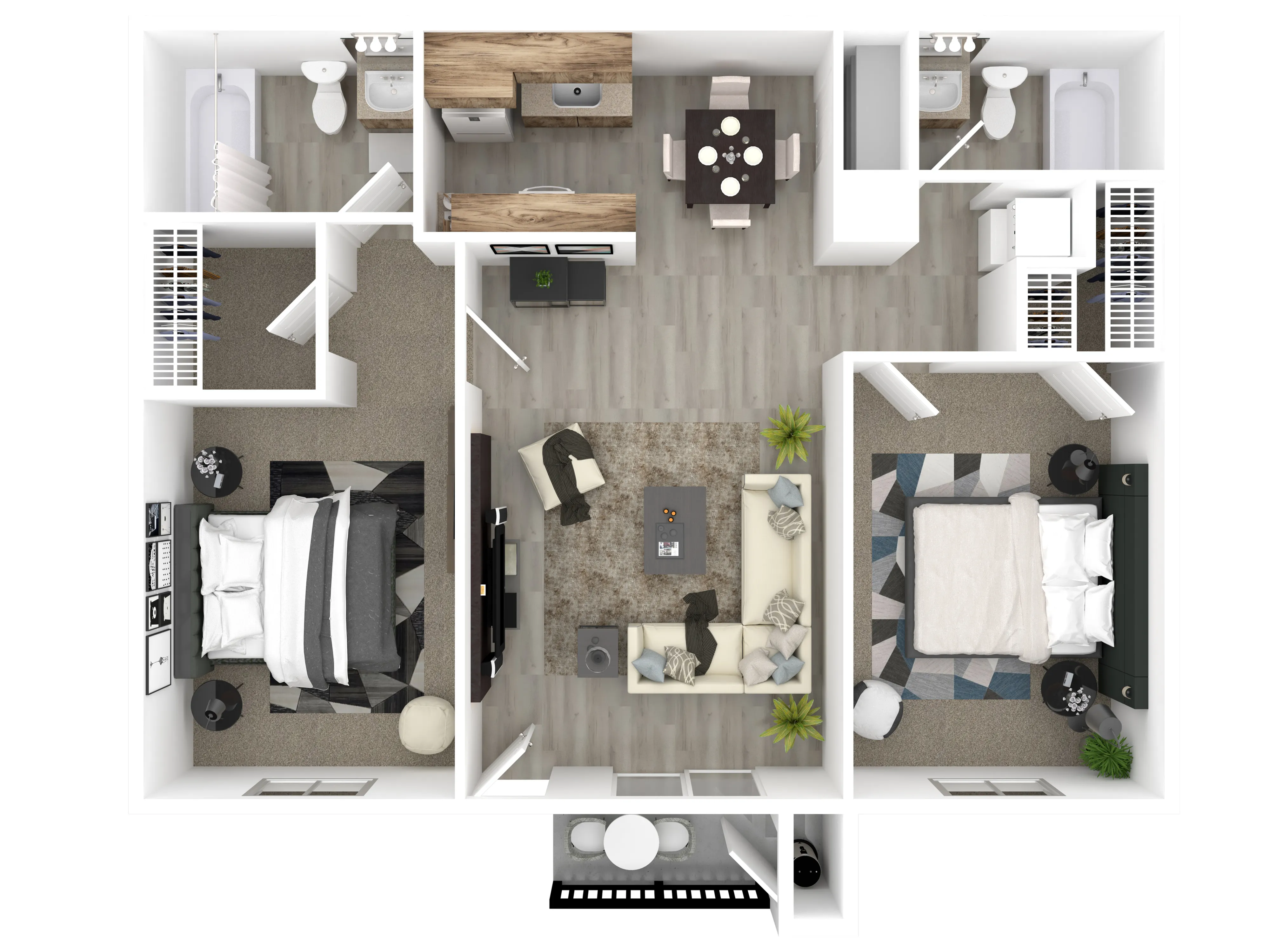 Modern 2D floor plan showcasing 2 bedrooms, a stylish living area, and a sleek kitchen with dining space.