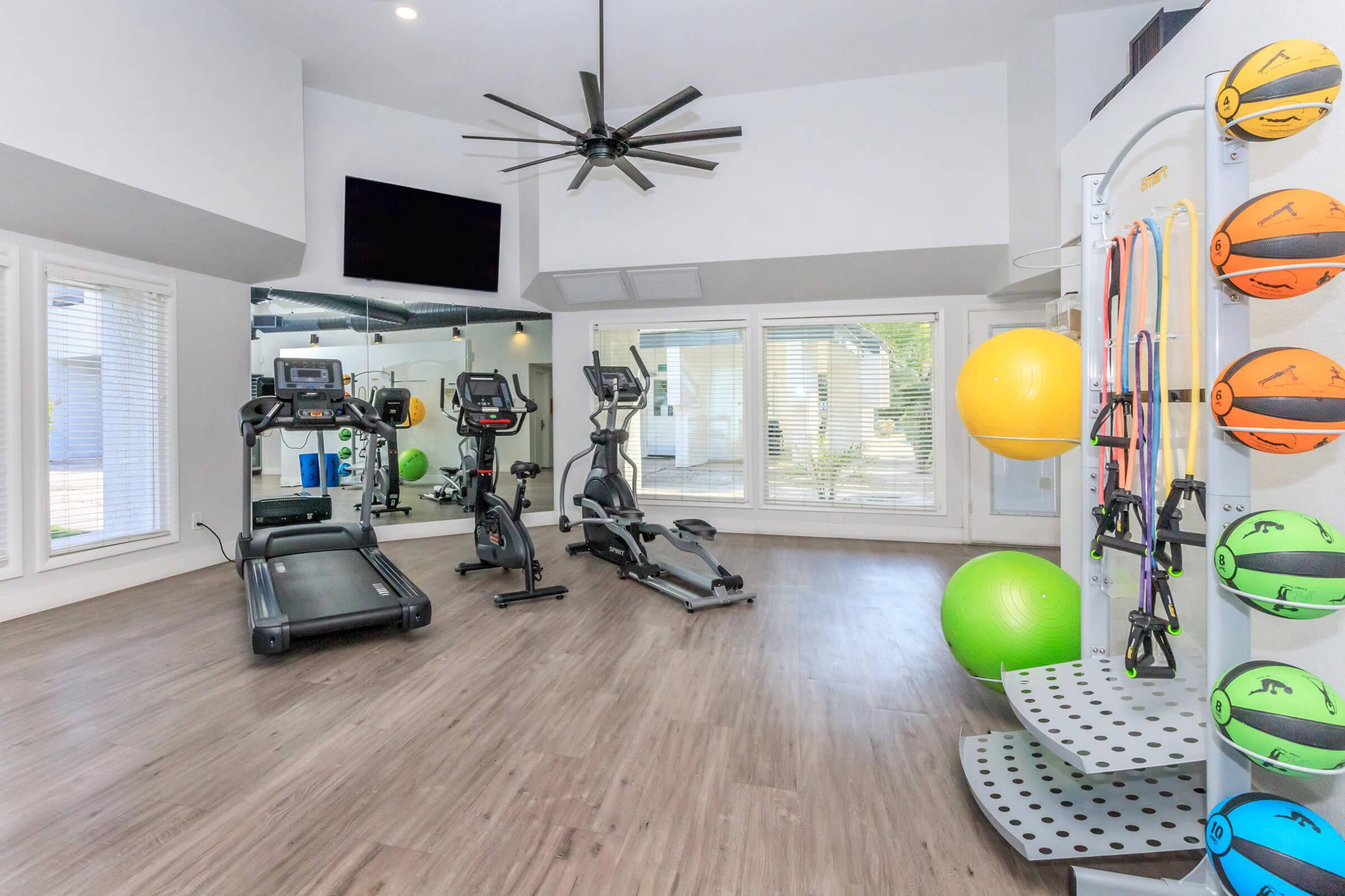 Modern apartment gym with large windows, featuring a treadmill, elliptical, wall-mounted exercise bands, and vibrant exercise balls for a dynamic workout experience.