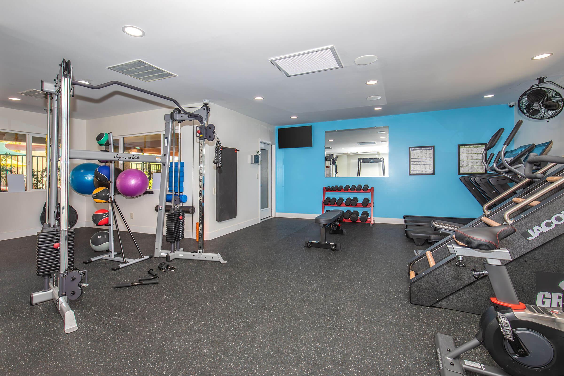Modern fitness center with state-of-the-art exercise equipment, vibrant blue accent wall, and natural light flooding the room, creating an energetic workout environment.
