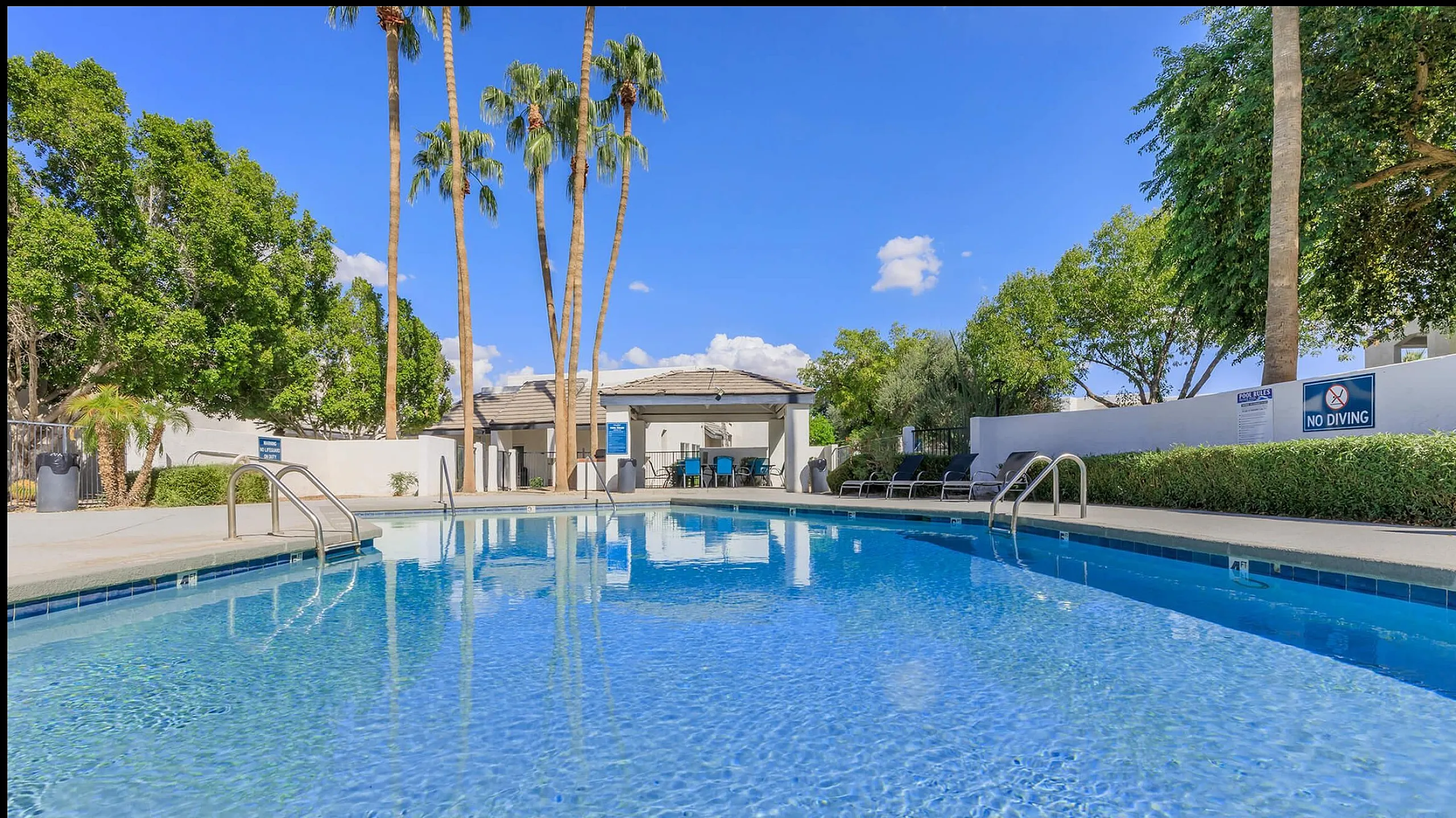 Inviting outdoor swimming pool with crystal-clear water, surrounded by elegant palm trees and comfortable lounge chairs, perfect for relaxation.