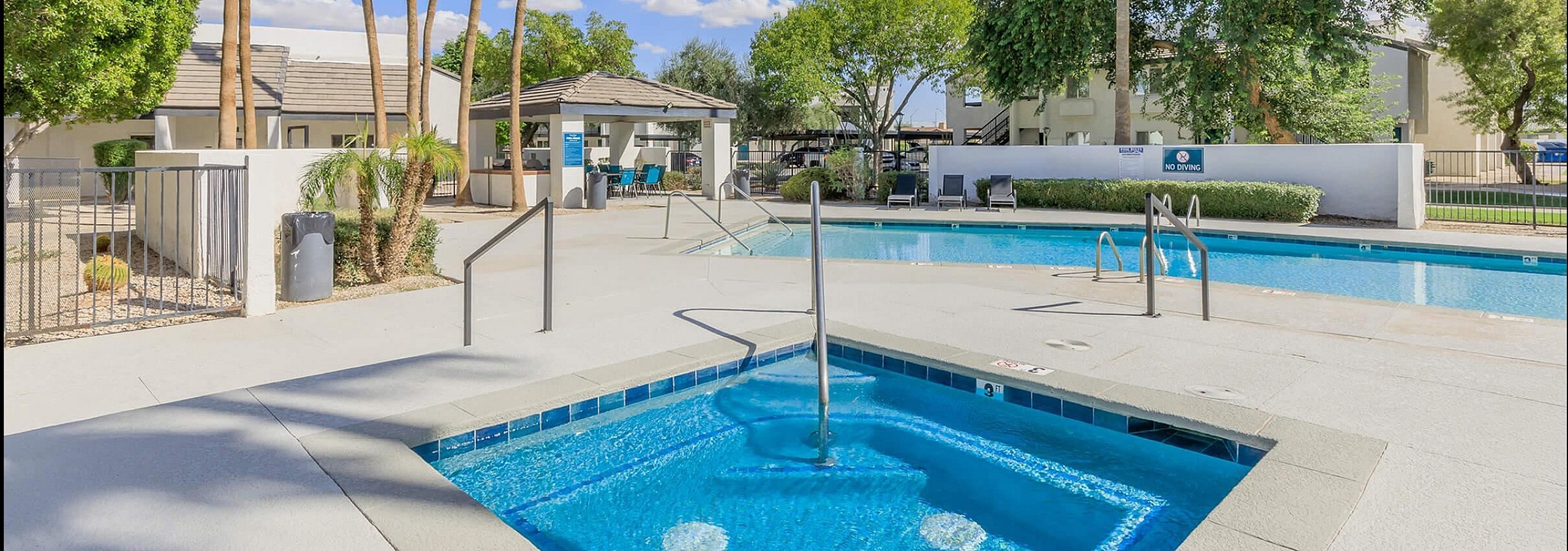 Inviting outdoor swimming pool and spa surrounded by lush palm trees, offering a relaxing oasis for residents.