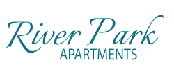 Elegant logo displaying 'River Park Apartments' in stylish blue script, creating a sense of tranquility and modern living.