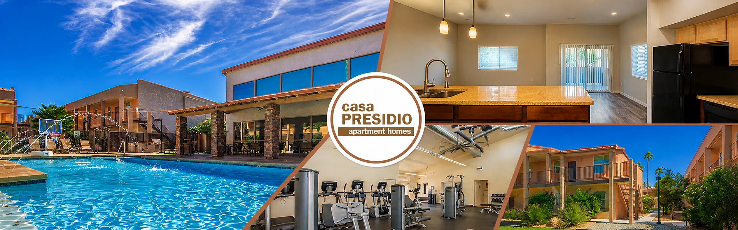 Vibrant apartment complex featuring a sparkling pool, modern kitchen, and state-of-the-art gym, offering luxurious living at Casa Presidio.