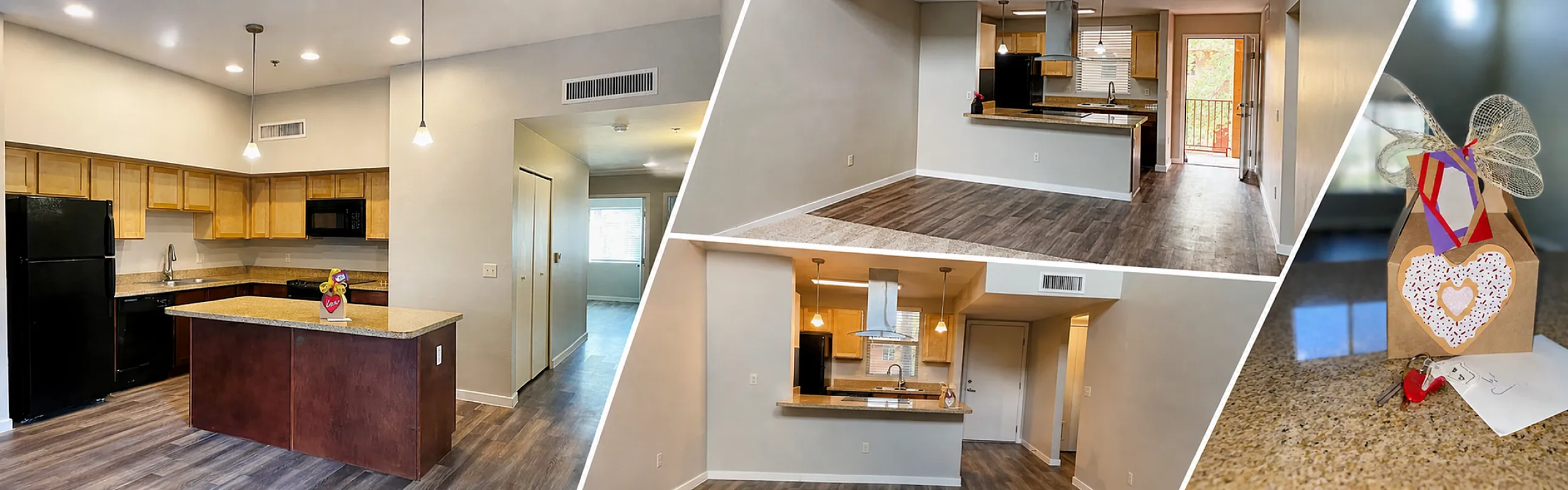 Chic open-concept kitchen with modern lighting, expansive living space, and sunny balcony view, ideal for contemporary living.