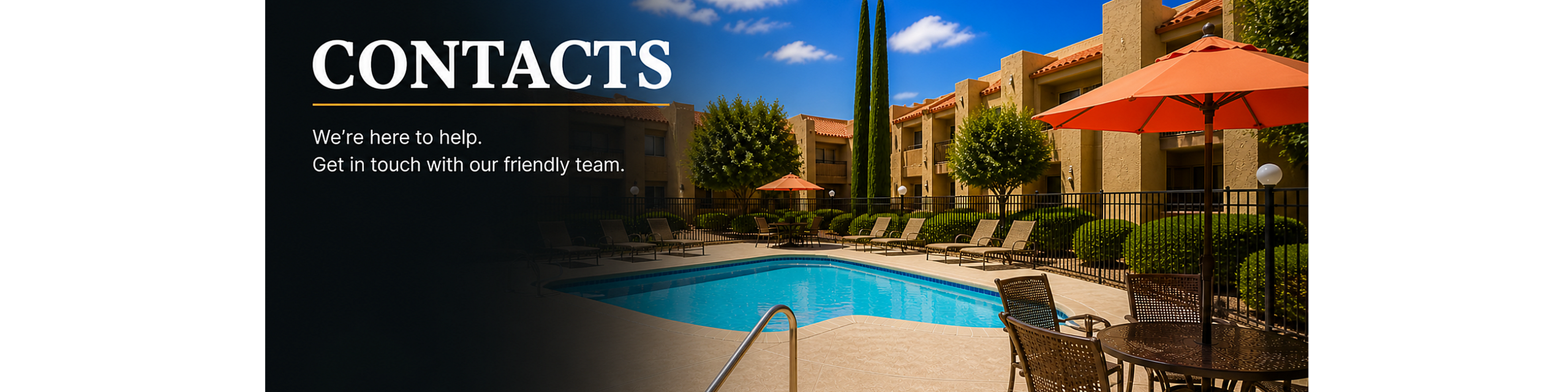 Inviting apartment pool area with comfortable sun loungers, vibrant umbrellas, and lush landscaping under a clear blue sky.