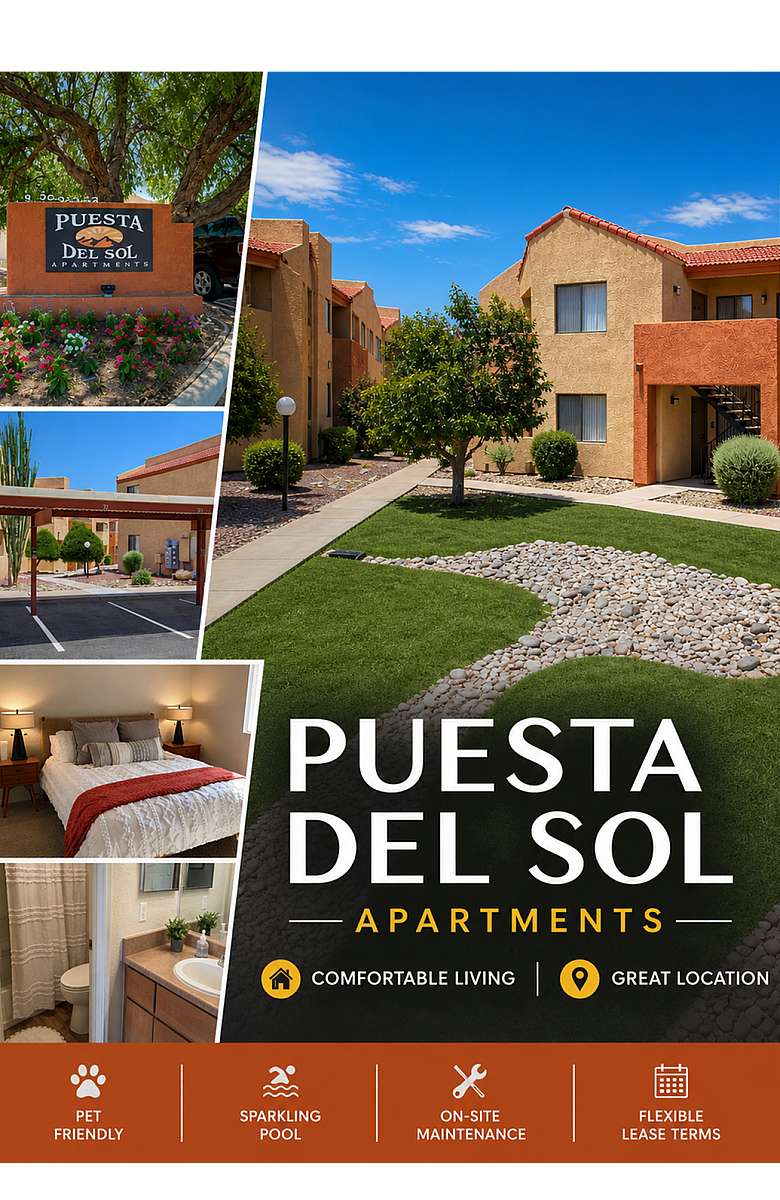 Puesta Del Sol Apartments showcasing vibrant exterior with lush landscaping, inviting bedroom, and modern bathroom; ideal for pet lovers with a sparkling pool, on-site maintenance, and flexible lease terms.