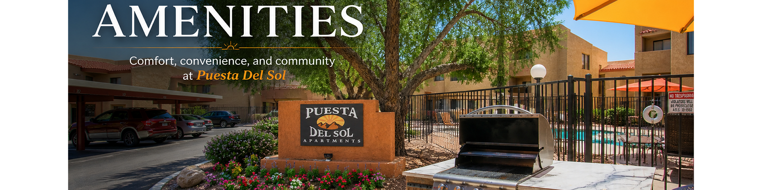 Inviting outdoor barbecue area at Puesta Del Sol Apartments, featuring lush landscaping and comfortable amenities.