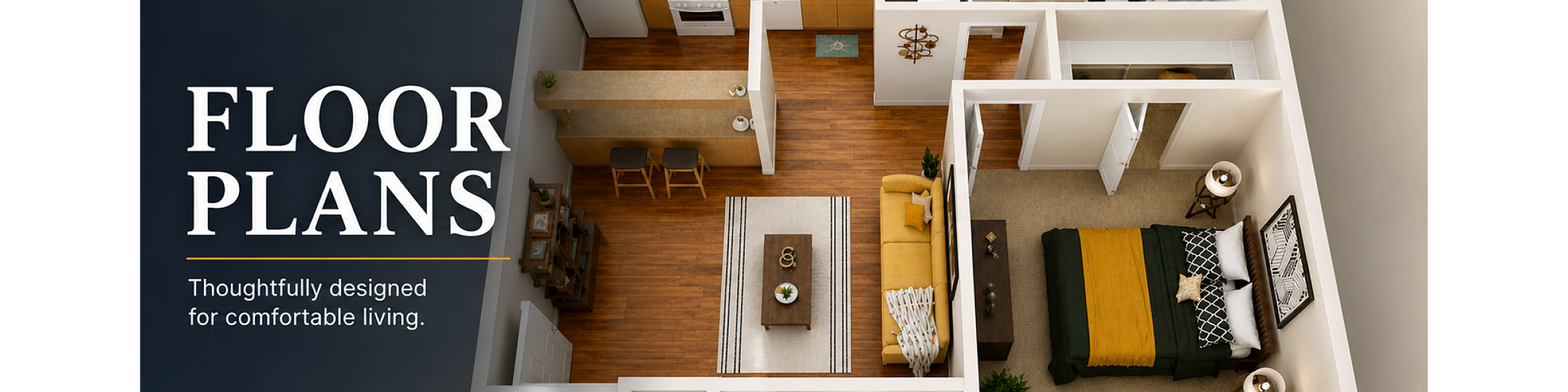 Inviting 3D floor plan featuring a cozy bedroom, open kitchen with breakfast bar, and stylish living area for comfortable living.