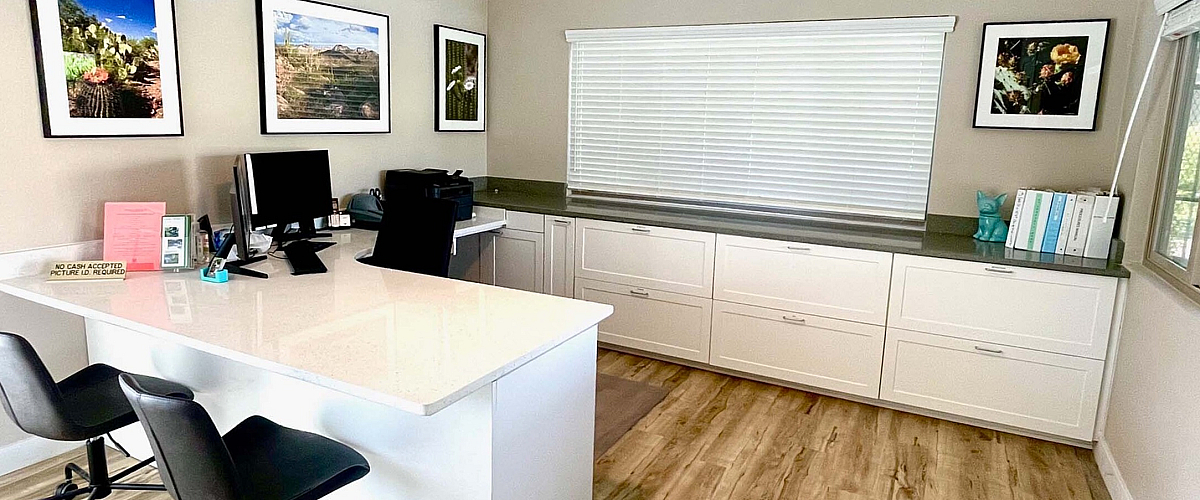 Bright, contemporary home office with sleek white cabinetry, modern desk, and stylish decor. Ideal for productivity.