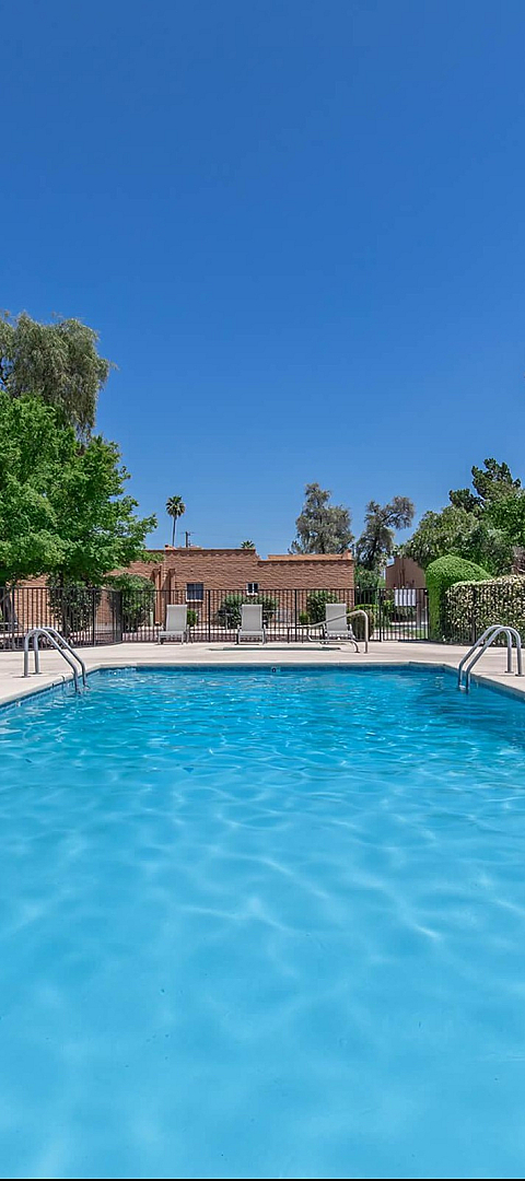 Inviting outdoor pool area with crystal-clear water, surrounded by sun loungers and lush greenery, offering a relaxing oasis under a clear blue sky.