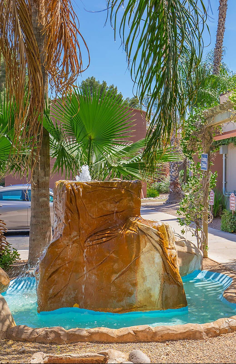 Charming outdoor oasis featuring a tranquil fountain surrounded by lush palm trees and vibrant greenery.