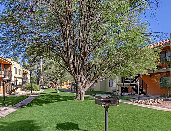 Charming apartment complex with lush green lawns, mature trees, and scenic paths ideal for outdoor relaxation.