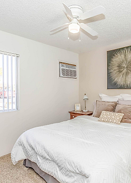 Bright and cozy bedroom with soft lighting, featuring a plush bed, elegant artwork, and a large window offering natural light.