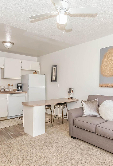 Charming, open-concept living space with cozy seating, a practical kitchen, and stylish decor, perfect for modern living.