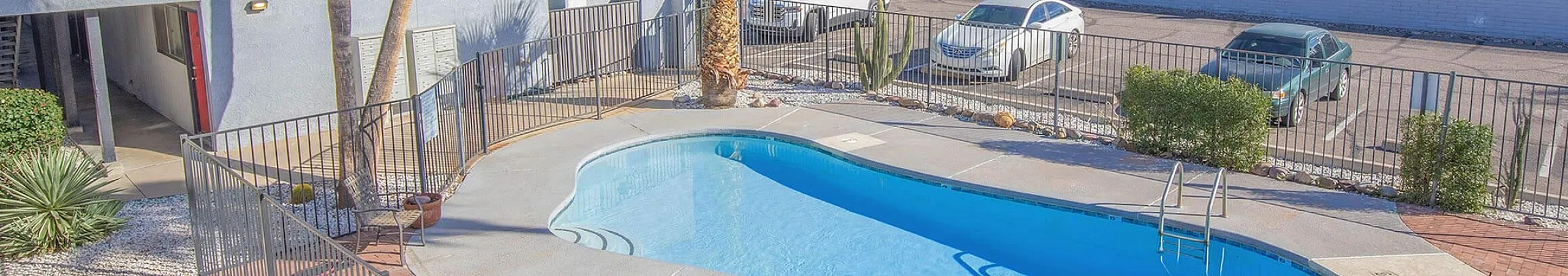 Charming apartment complex with a sunlit pool surrounded by palm trees, offering a relaxing oasis for residents.