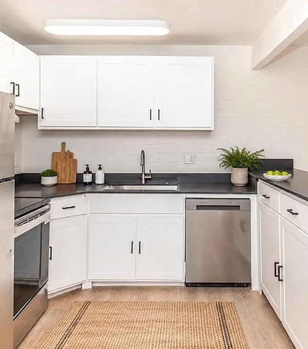 Modern kitchen with sleek stainless steel appliances, white cabinetry, and elegant black countertops, ideal for culinary enthusiasts.
