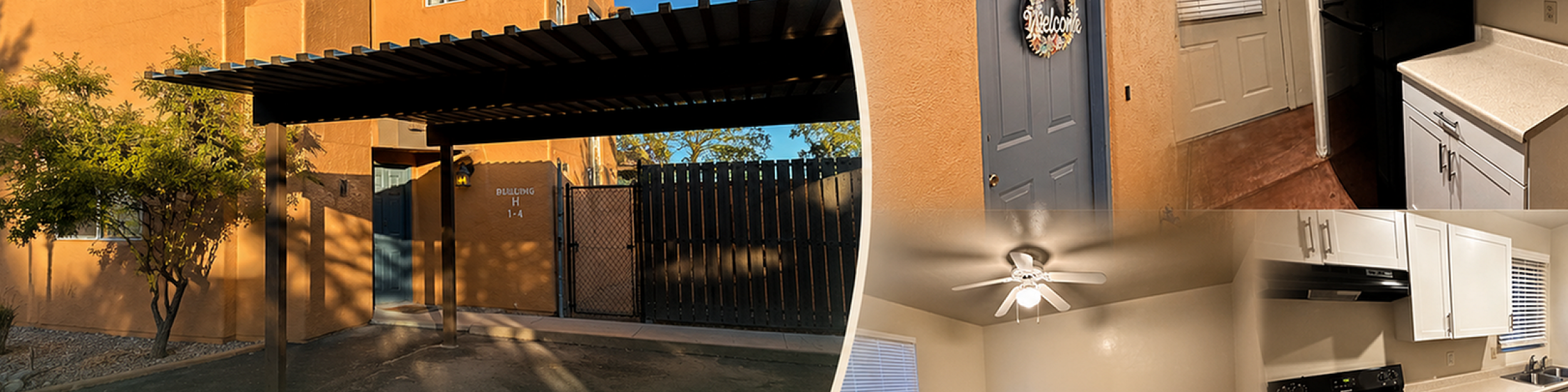 Charming adobe-style apartment with a welcoming entrance, featuring a cozy kitchen and spacious living area, embodying comfort and community.