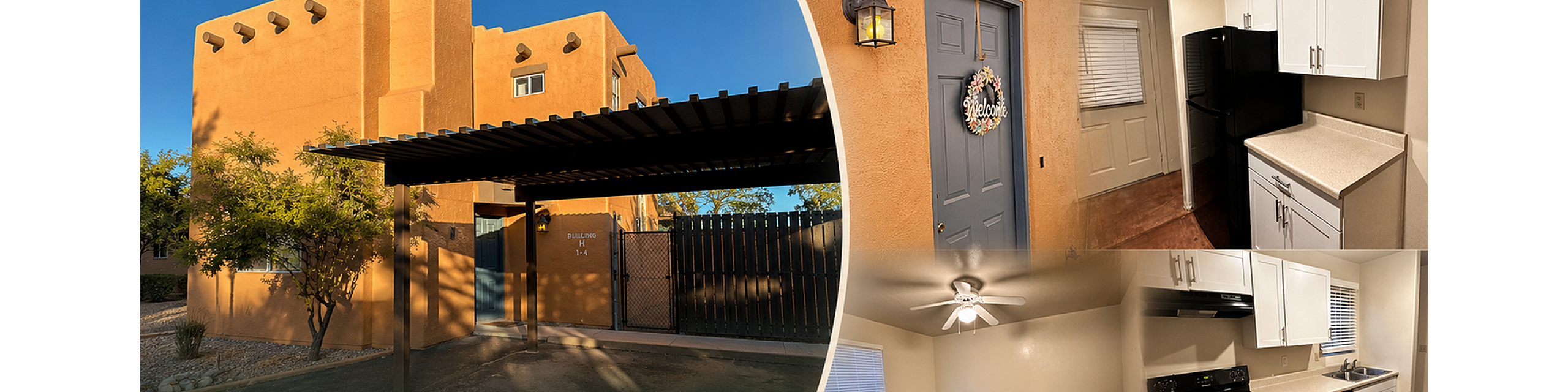 Inviting apartment featuring a modern kitchen with sleek black appliances, spacious living area with ceiling fan, and a charming front entrance with festive decor, highlighting comfort and community.