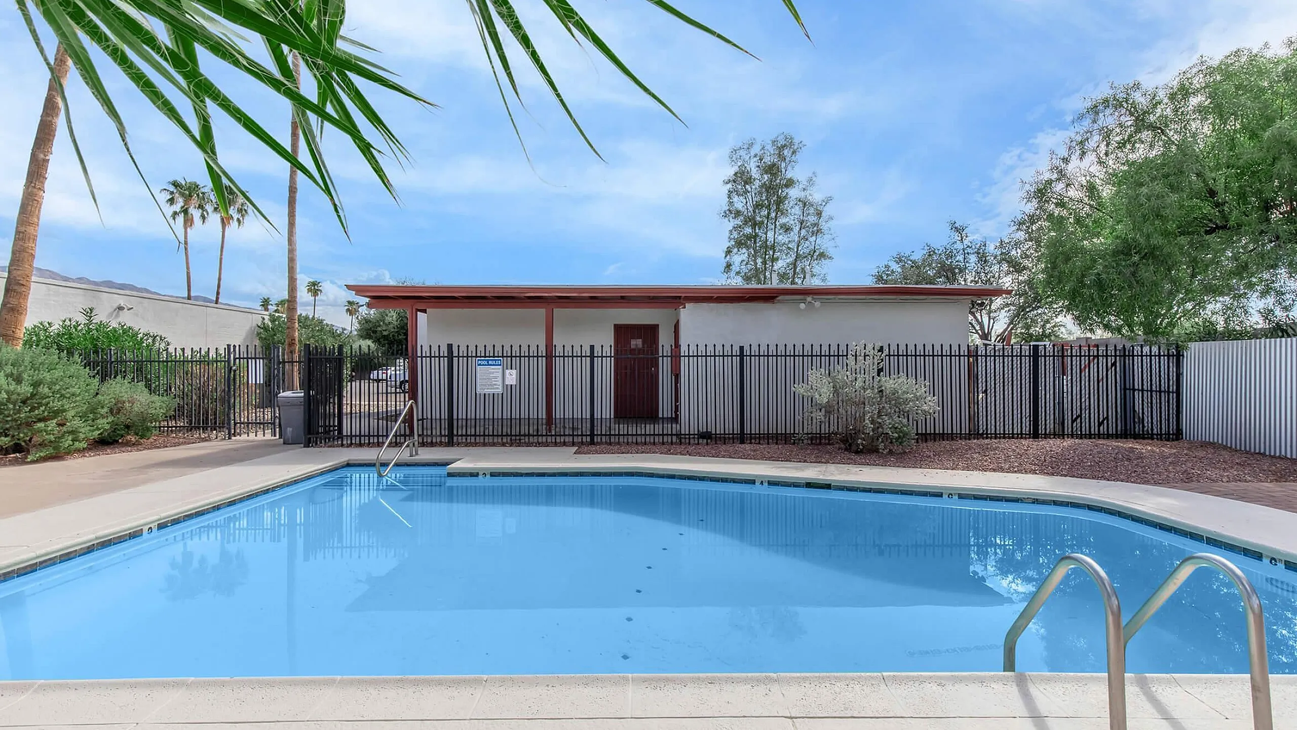 Inviting pool area surrounded by lush greenery and palm trees, perfect for relaxation and leisure.