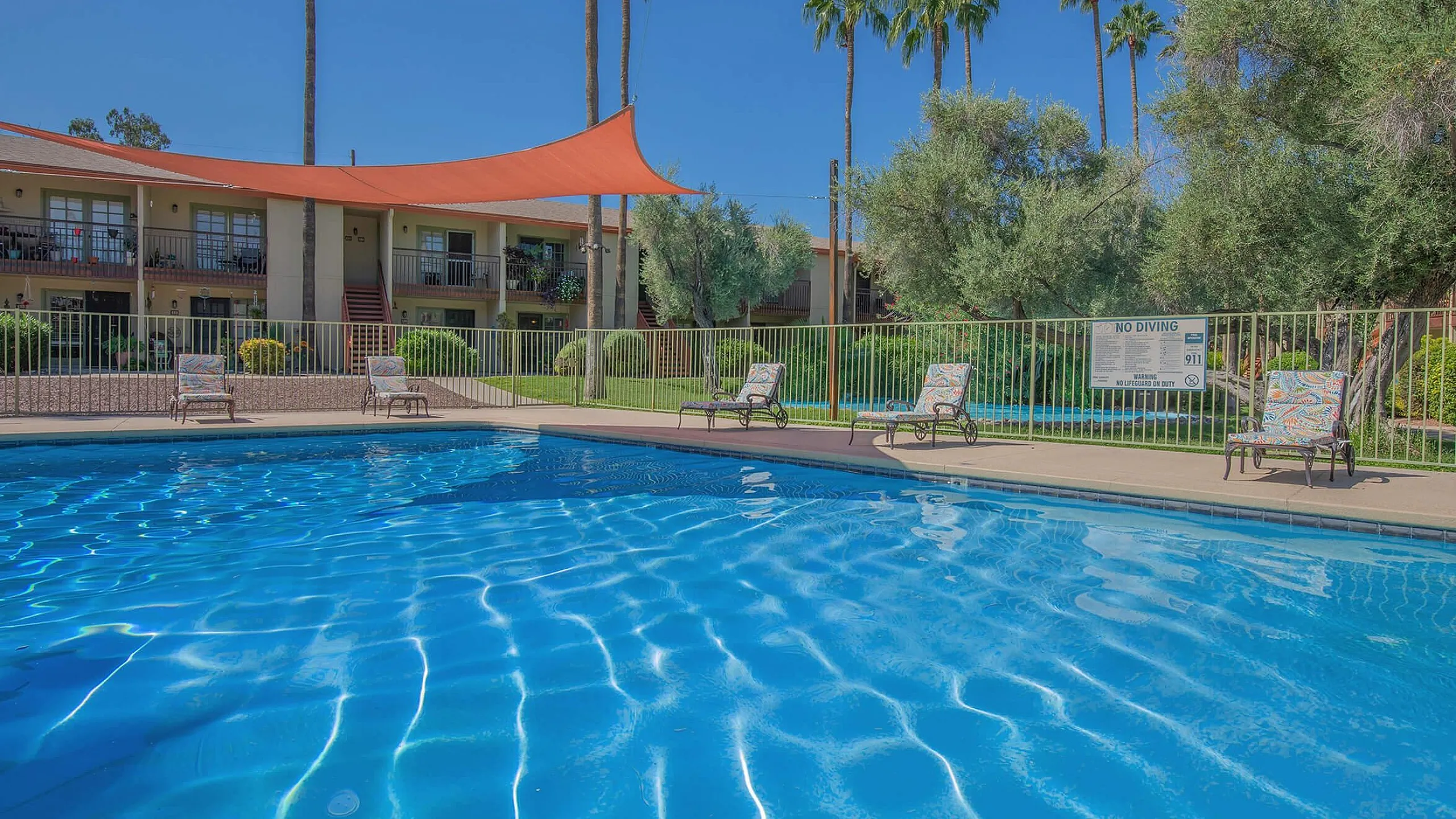 Inviting outdoor pool area surrounded by lush greenery and palm trees, perfect for relaxation and enjoyment.