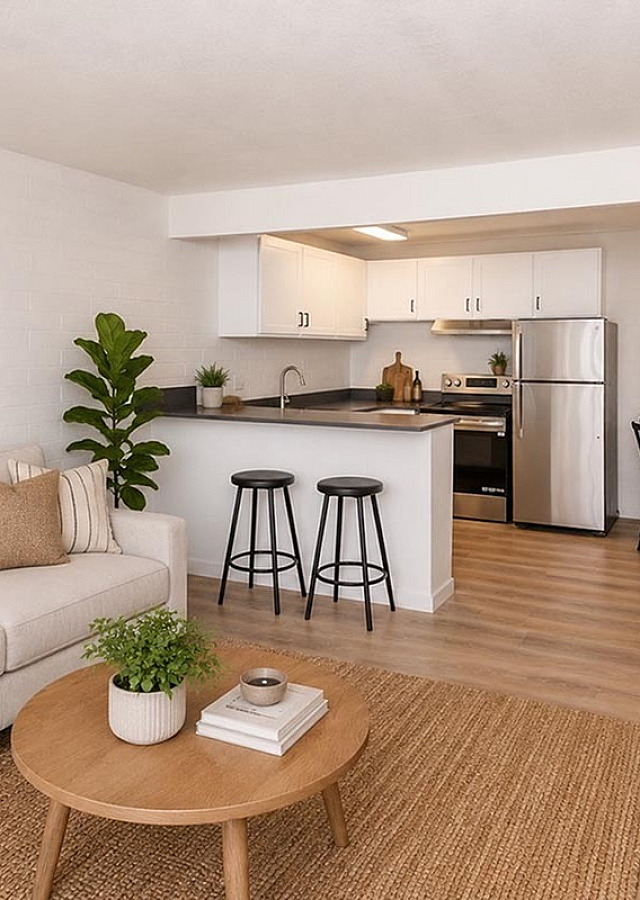 Open-concept living room and kitchen in a Miramonte on 3rd apartment home in Tucson, AZ