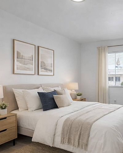 Furnished bedroom with queen bed, wood furniture and sunlit window at Palms on 2nd, Tucson