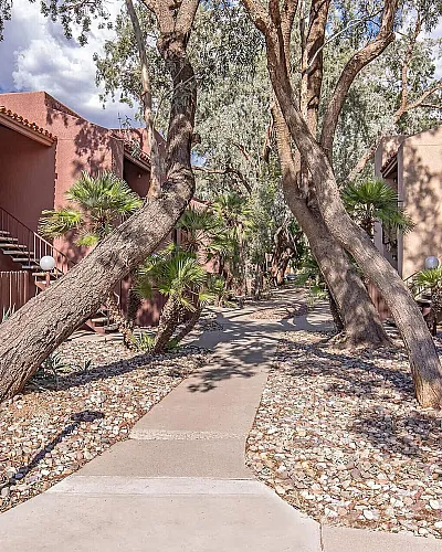 Charming apartment complex with inviting walkways lined by mature trees and vibrant landscaping under a clear blue sky.