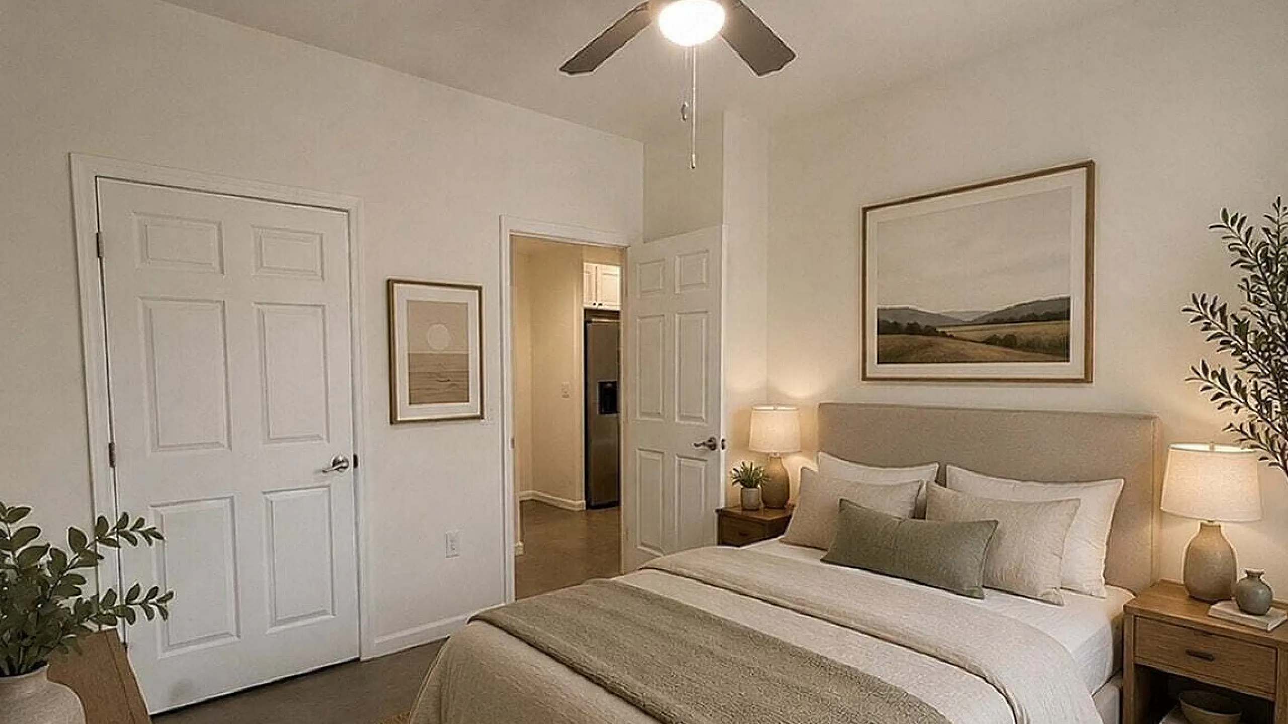 Inviting bedroom with elegant neutral tones, featuring a plush bed, stylish wooden furniture, and soft ambient lighting.
