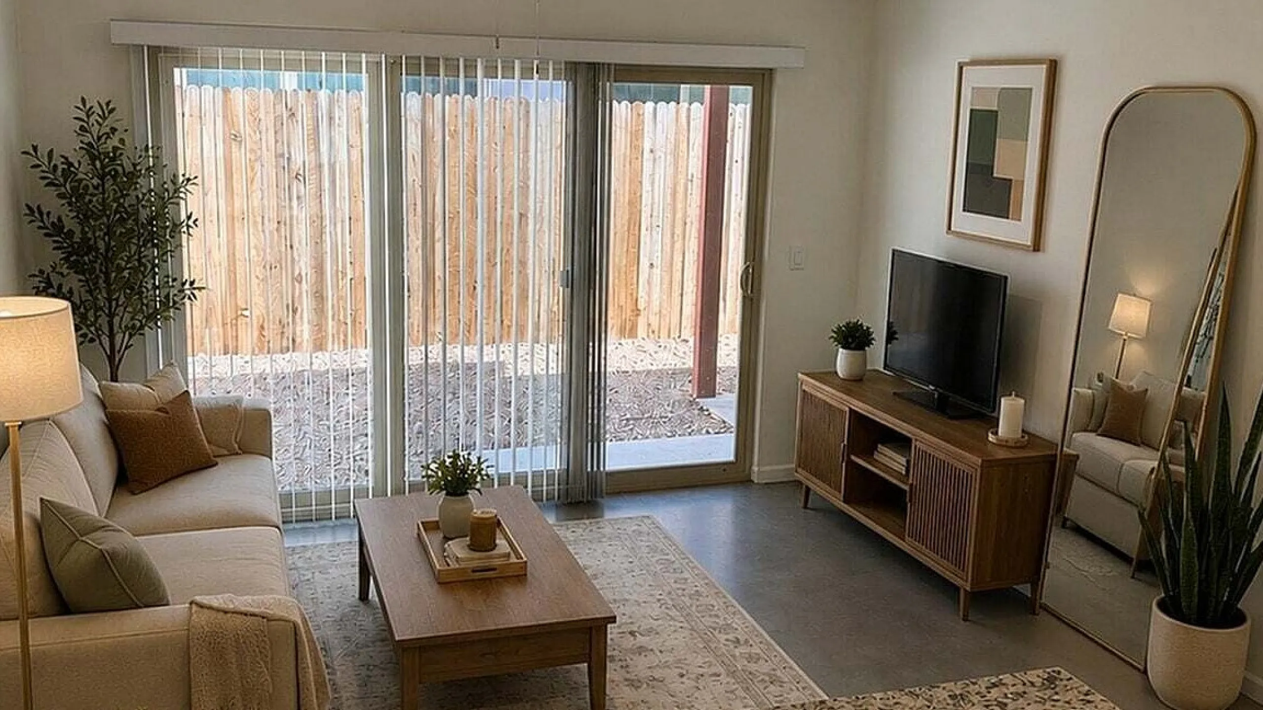 Bright, modern living room with large sliding doors, cozy sofa, and elegant decor featuring sleek granite countertop and stylish wood furnishings.