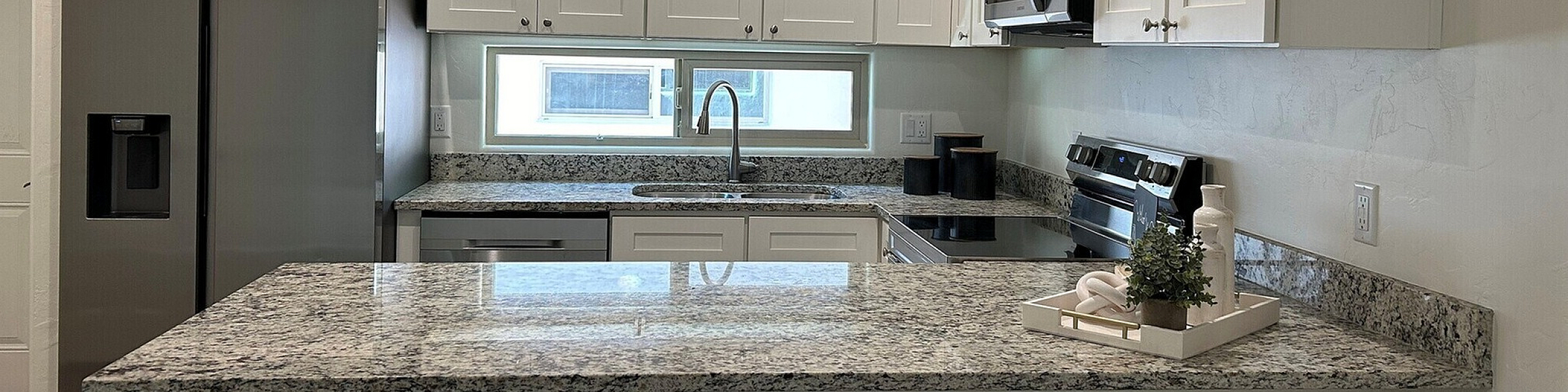 Elegant modern kitchen with granite countertops, stainless steel appliances, and bright white cabinetry for a sophisticated look.