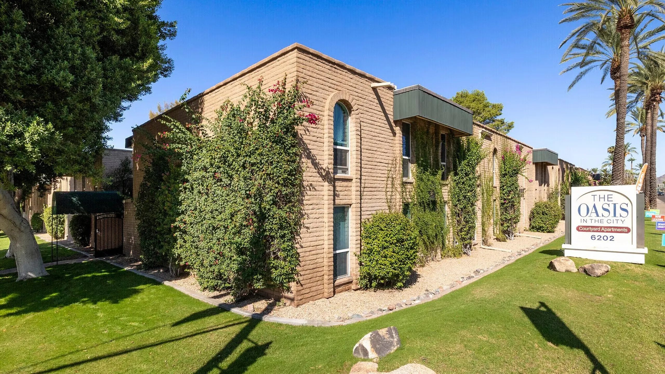 Charming apartment complex with lush greenery, showcasing a blend of modern design and nature. The Oasis in the City offers serene living with palm trees and elegant architecture.