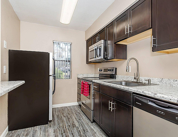 Modern kitchen with sleek dark cabinetry, stainless steel appliances, and elegant granite countertops.