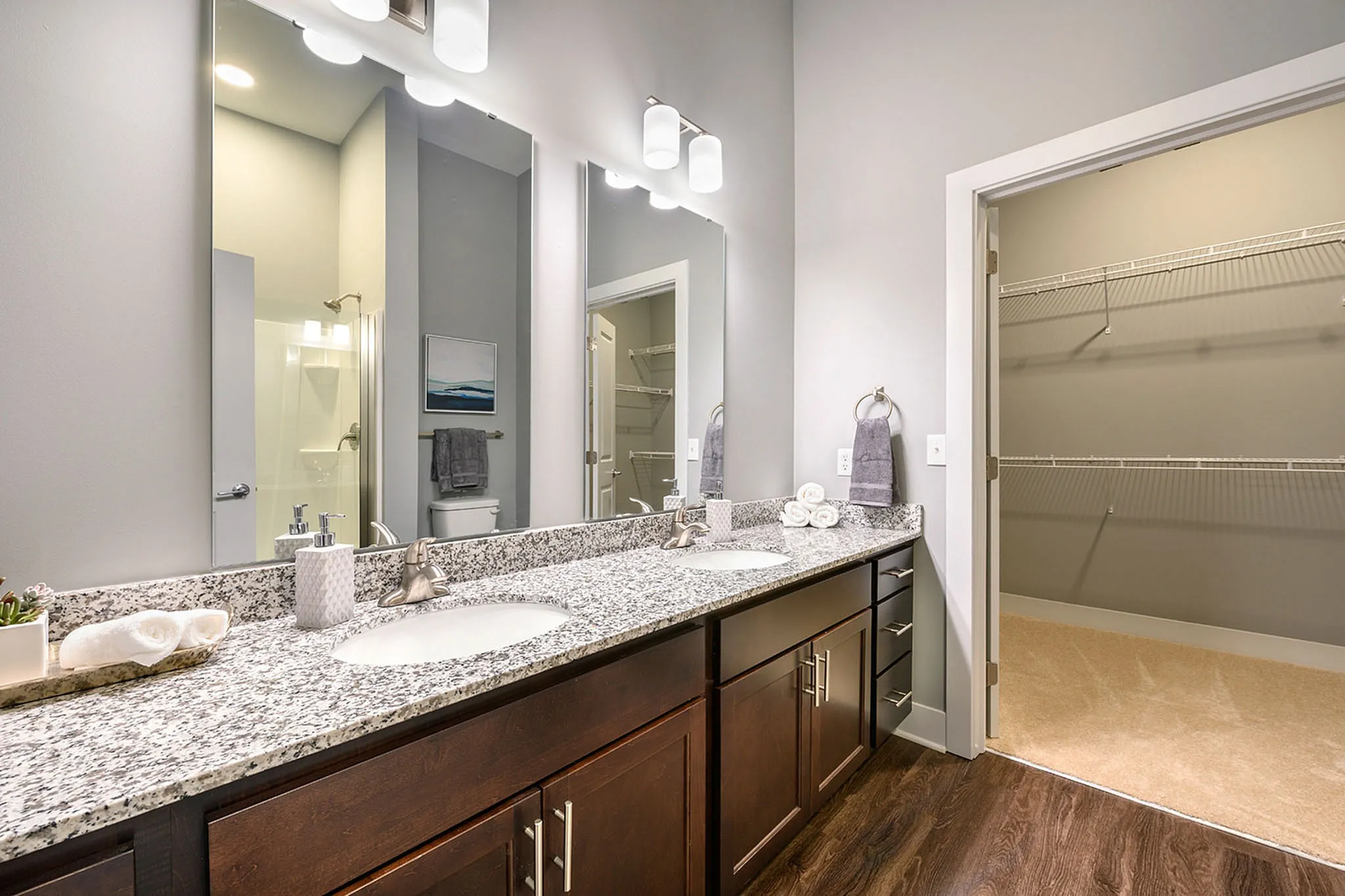 Luxurious bathroom with dual granite sinks, elegant wood cabinetry, and a spacious walk-in closet.