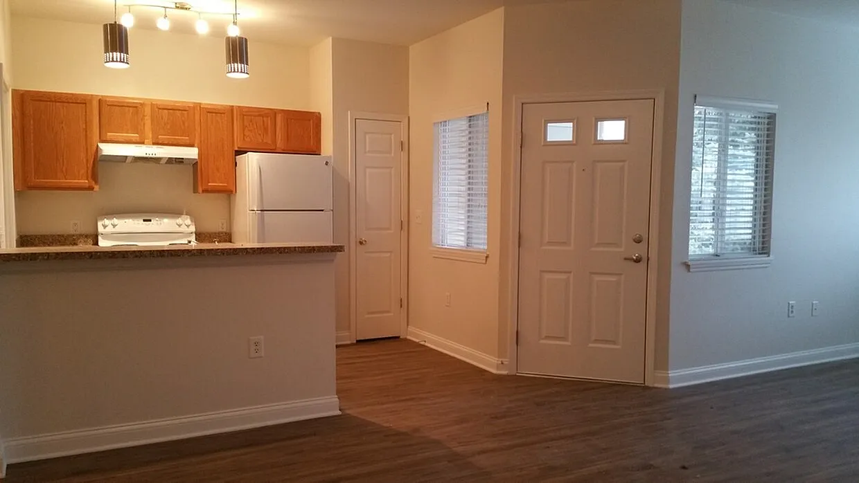 Charming apartment interior featuring a cozy kitchen with wooden cabinets, modern appliances, and elegant lighting, adjacent to a welcoming entrance with natural light.