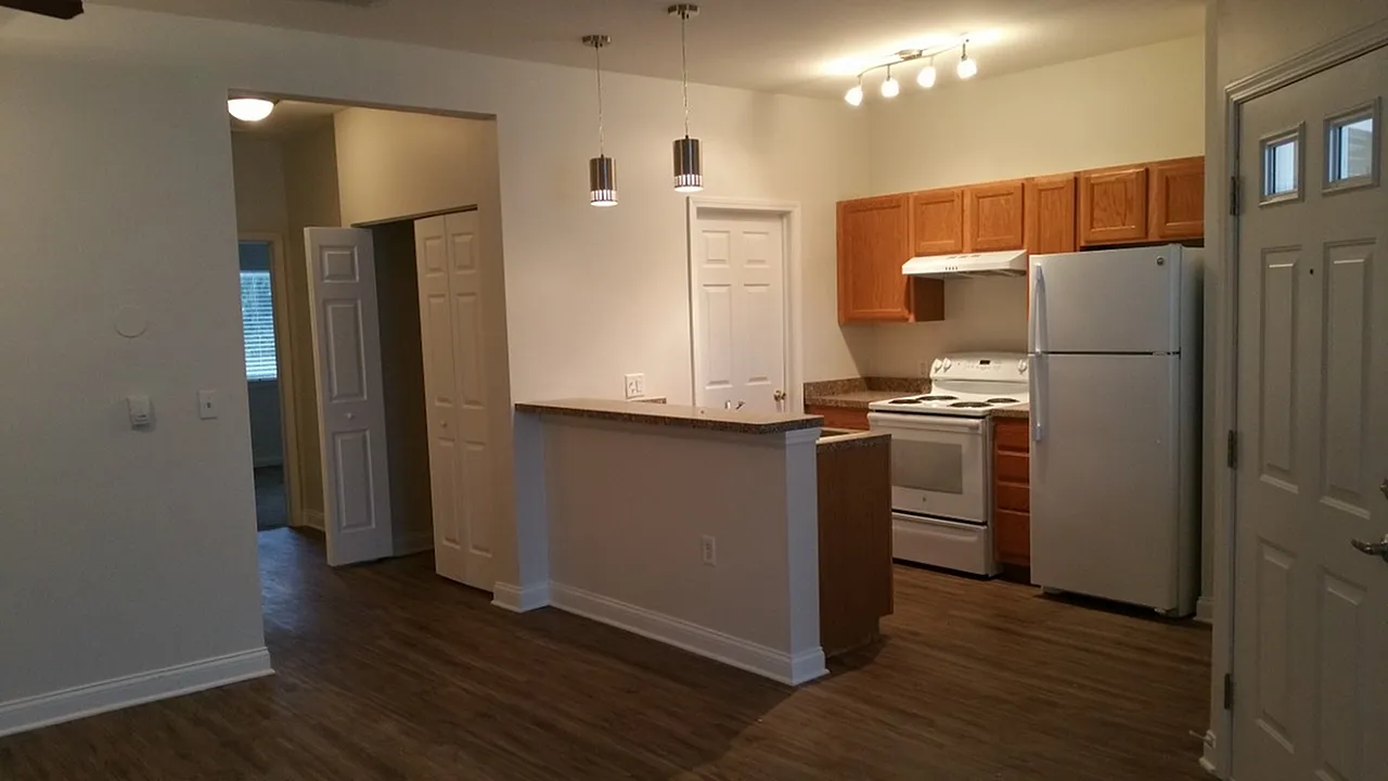 Charming open kitchen with modern appliances, wooden cabinetry, and stylish lighting creating a welcoming atmosphere.