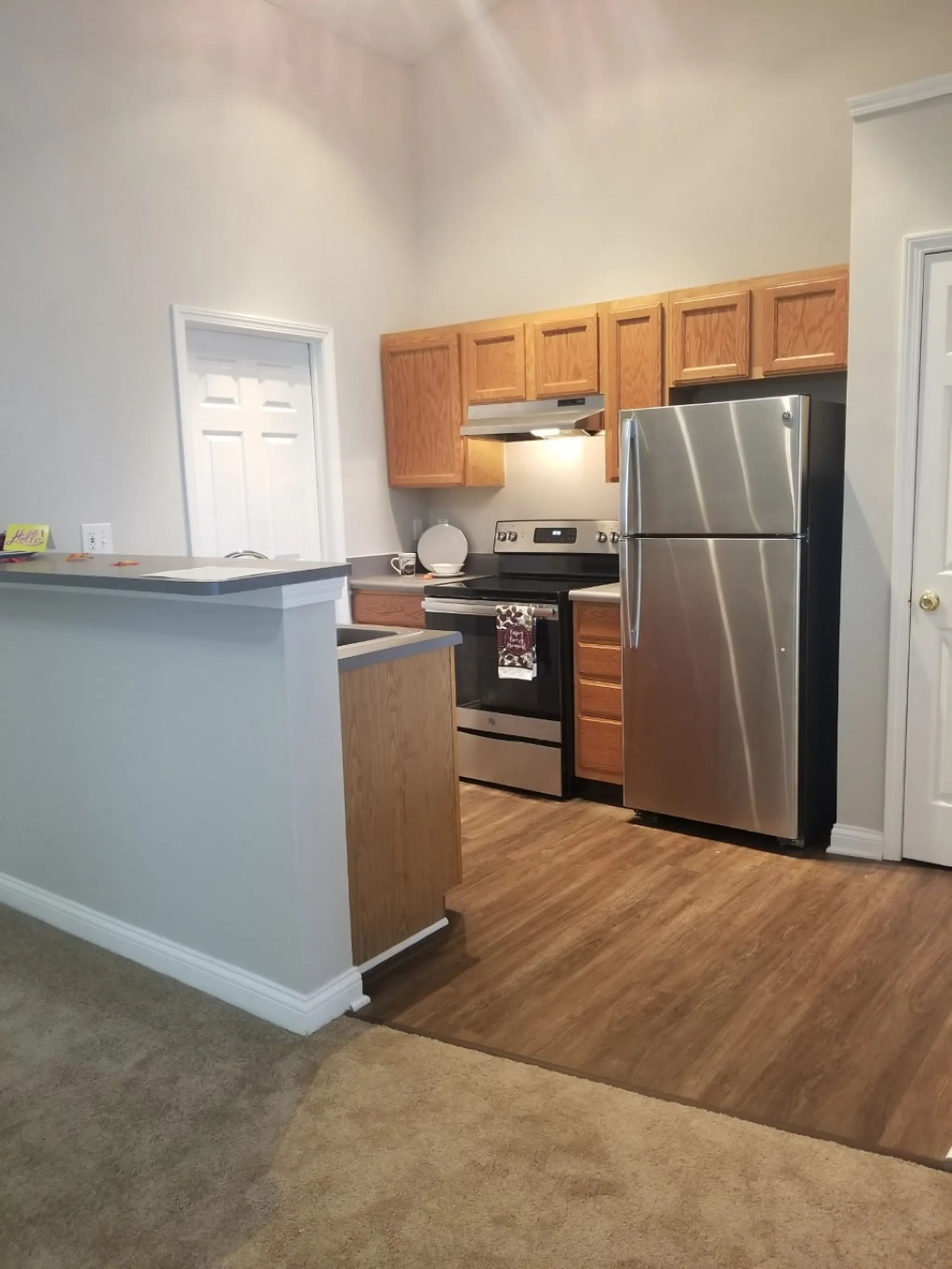 Modern kitchen with stainless steel appliances and warm wood cabinetry, open to a cozy carpeted living space.