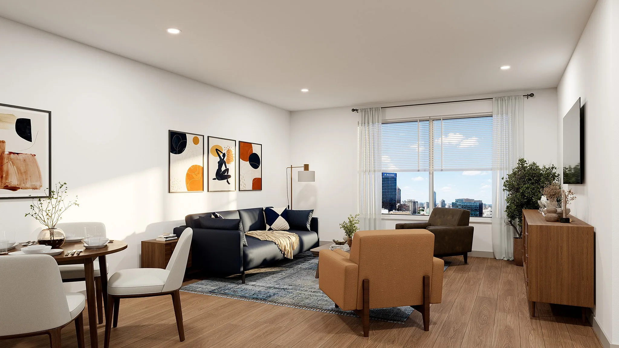 Contemporary living room with elegant furnishings, large window view, and stylish wall art, offering a warm and inviting atmosphere.