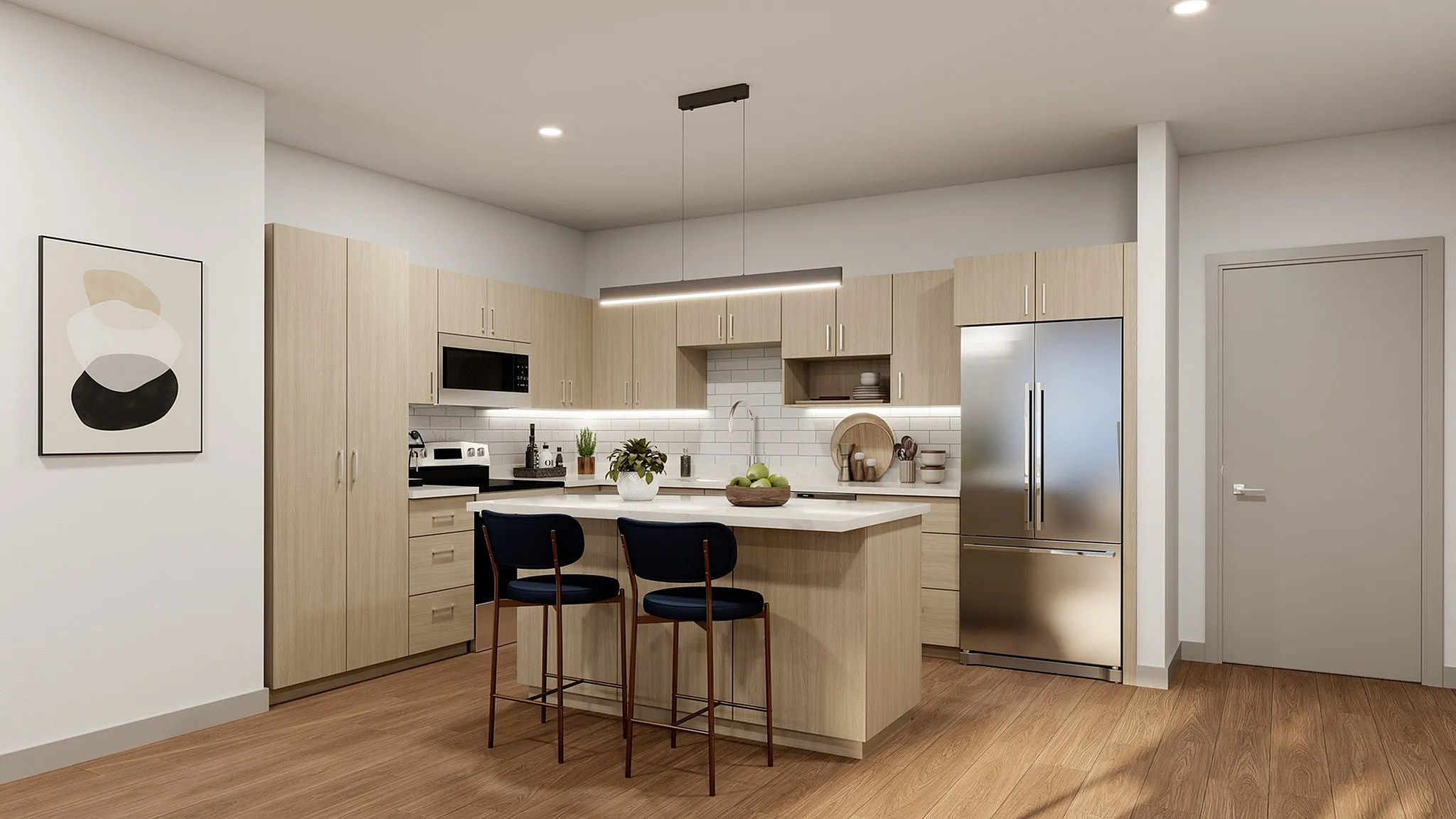 Modern kitchen with sleek cabinetry, island seating, and stainless steel appliances, enhanced by contemporary lighting and wood flooring.