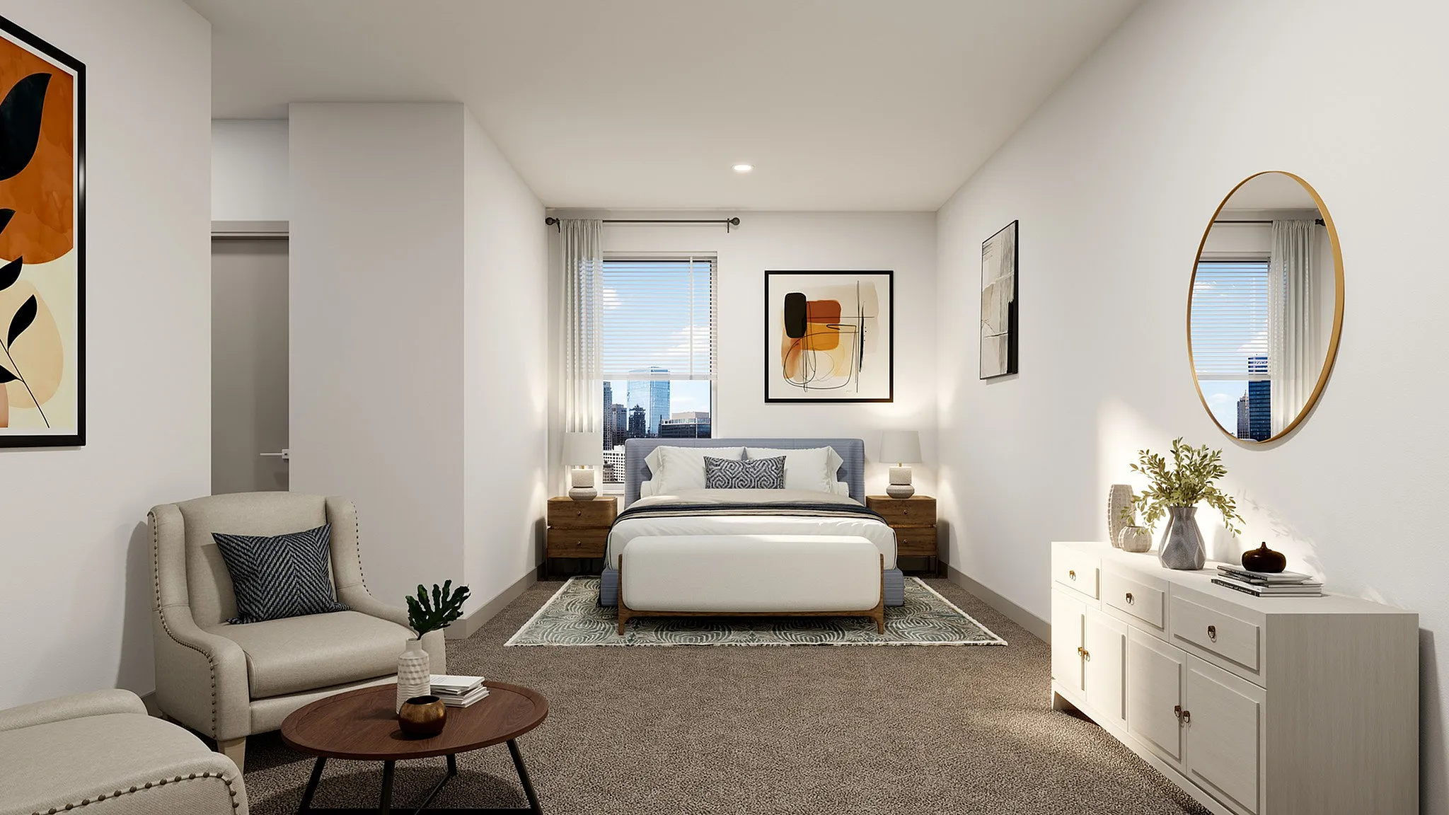 Elegant bedroom with a city view, featuring a plush bed, chic armchair, and stylish decor.