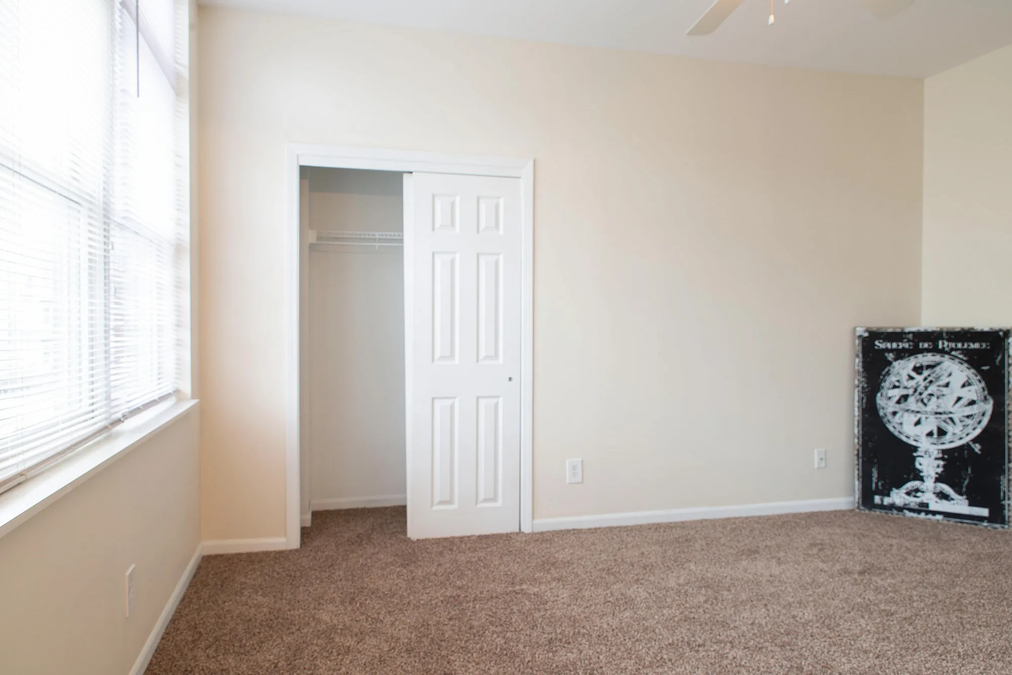Bright room with plush carpet, large window, and sliding closet doors offers ample natural light and storage space.