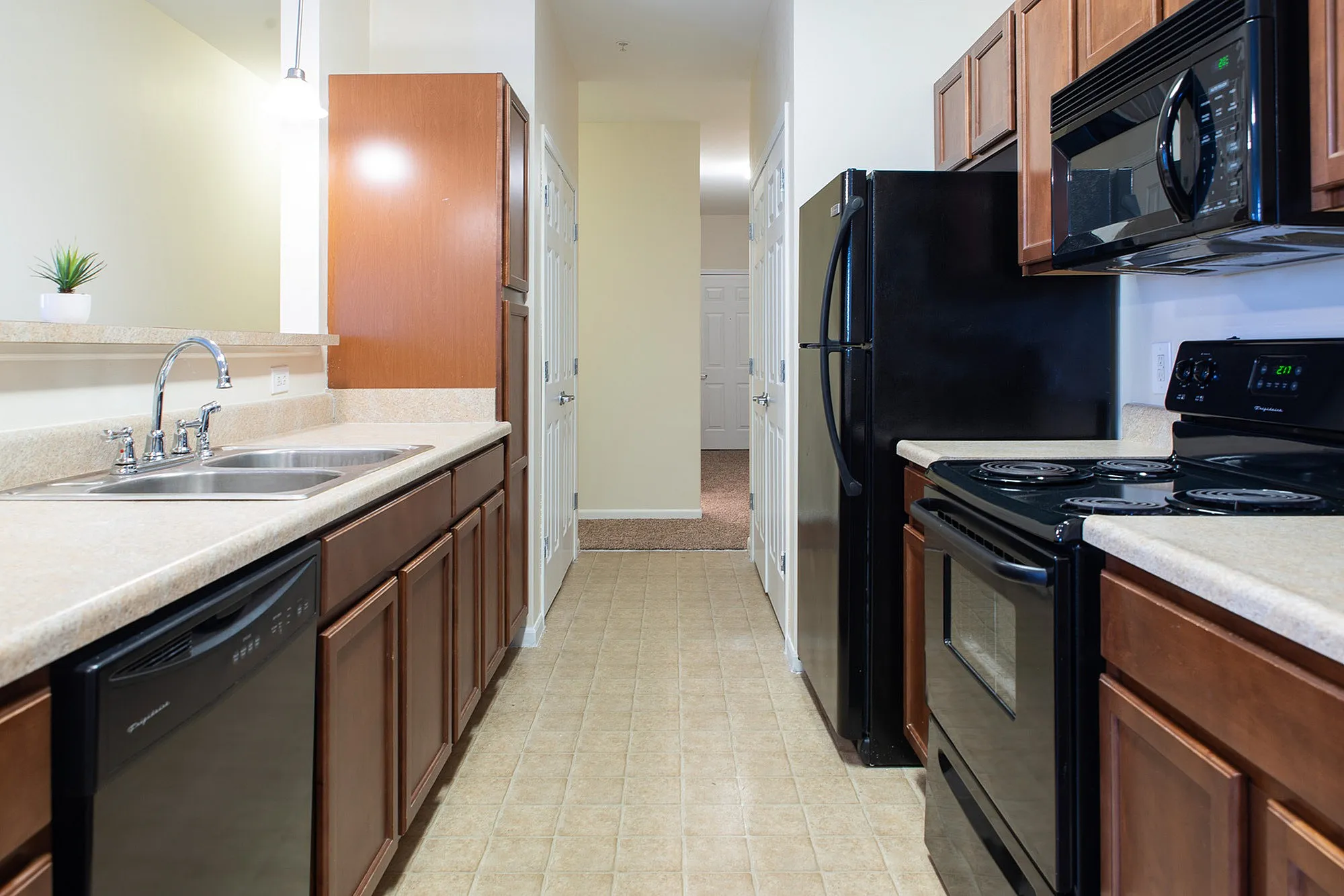 Contemporary kitchen with sleek black appliances, elegant wooden cabinets, and ample countertop space, perfect for modern living.
