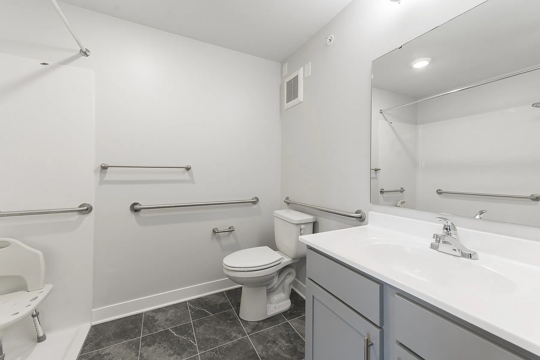 Modern bathroom featuring a sleek vanity, spacious mirror, and convenient accessibility handrails, ensuring comfort and style.