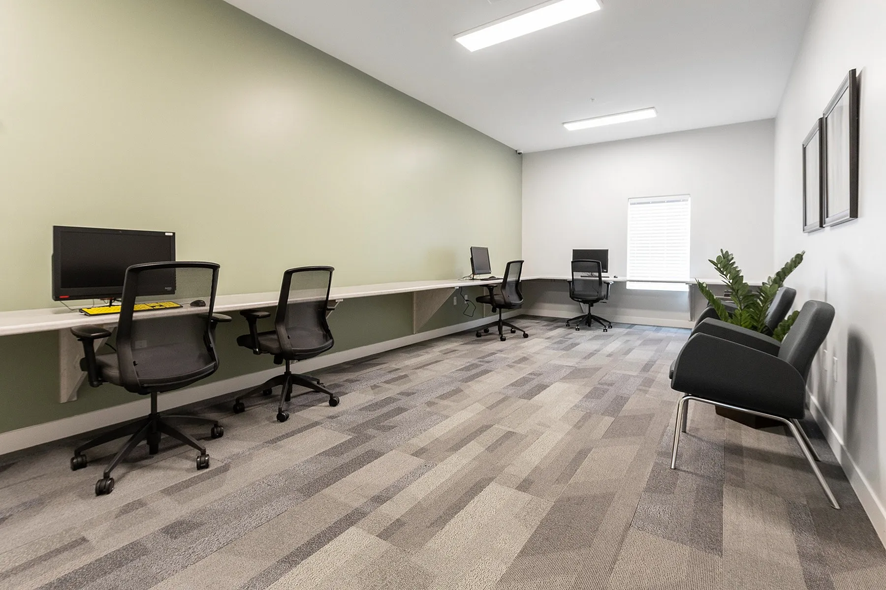 Modern office space with sleek workstations, ergonomic chairs, and lush greenery enhancing productivity and comfort.