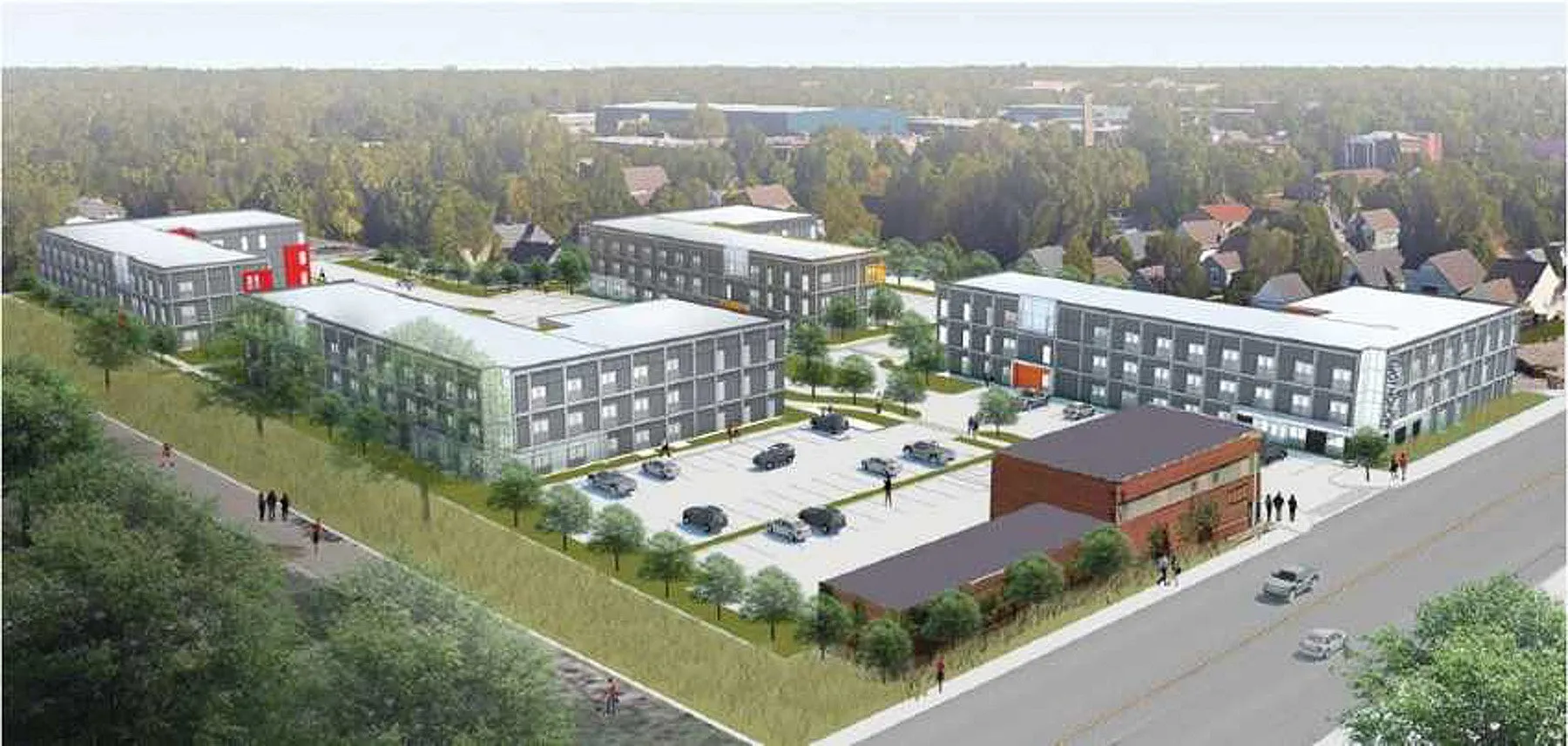 Spacious modern apartment complex surrounded by lush greenery, featuring ample parking and access to urban amenities.