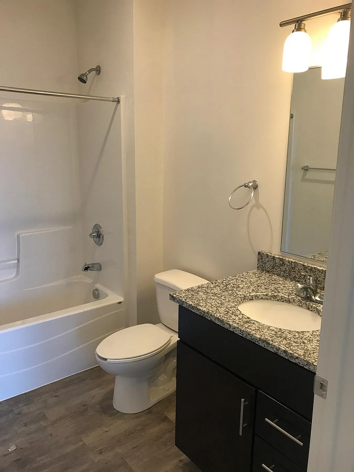Modern bathroom with elegant granite countertop, sleek dark cabinetry, and a full-size bathtub, exuding contemporary charm.