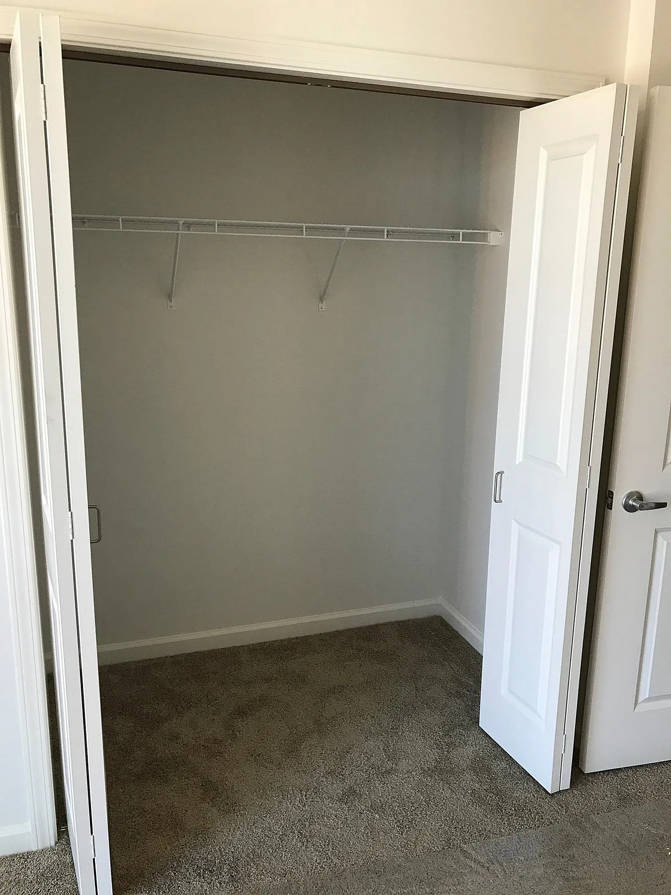 Spacious, freshly carpeted closet with double doors and a sturdy wire shelf, perfect for organized storage in a modern home.