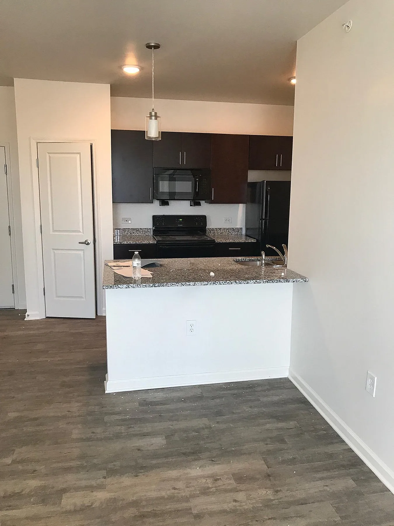 Modern kitchen with sleek dark cabinetry, granite countertops, and stylish pendant lighting, perfect for culinary creativity.
